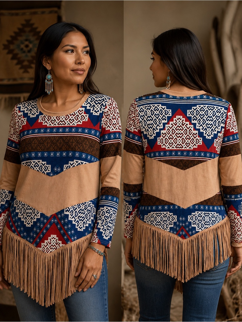 Auditions Southwestern Geometric Aztec-Print Fringe Tunic Top Brown, Navy, Red